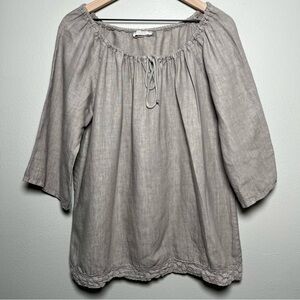 Cosmo Women 100% Linen Top‎ Small Tan Oversized Coastal Lagenlook Tie Neck Scoop